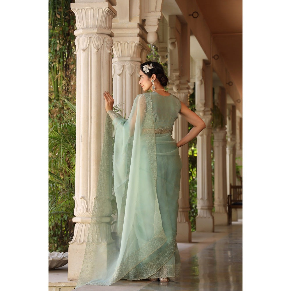 CHARU MAKKAR Green Saree with Unstitched Blouse