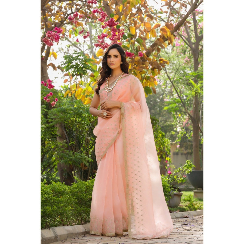 CHARU MAKKAR Peach Saree with Unstitched Blouse