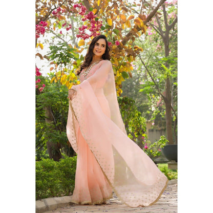 CHARU MAKKAR Peach Saree with Unstitched Blouse