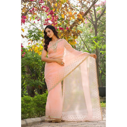 CHARU MAKKAR Peach Saree with Unstitched Blouse