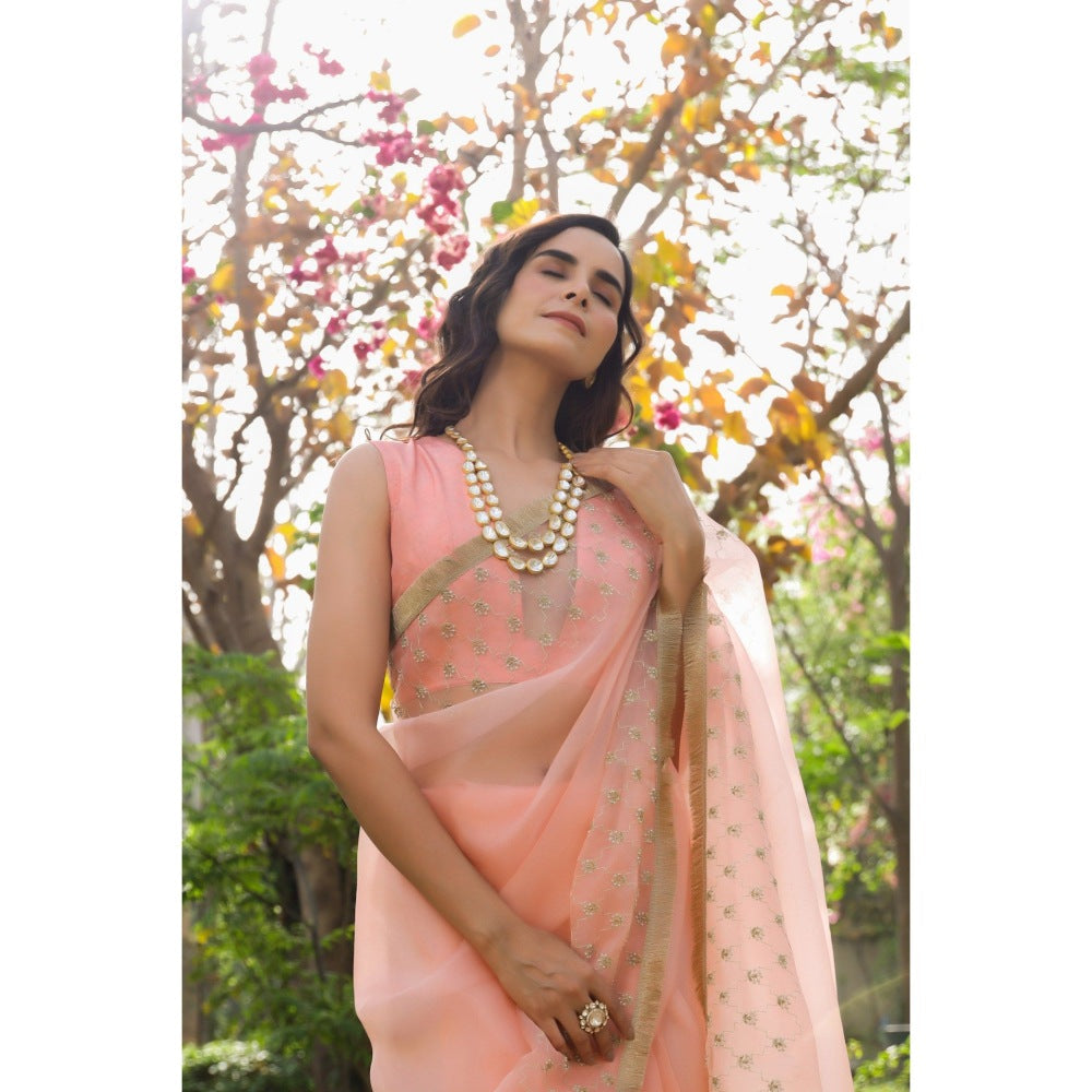 CHARU MAKKAR Peach Saree with Unstitched Blouse