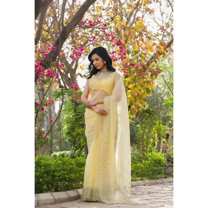 CHARU MAKKAR Yellow Saree with Unstitched Blouse