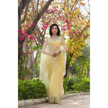 CHARU MAKKAR Yellow Saree with Unstitched Blouse