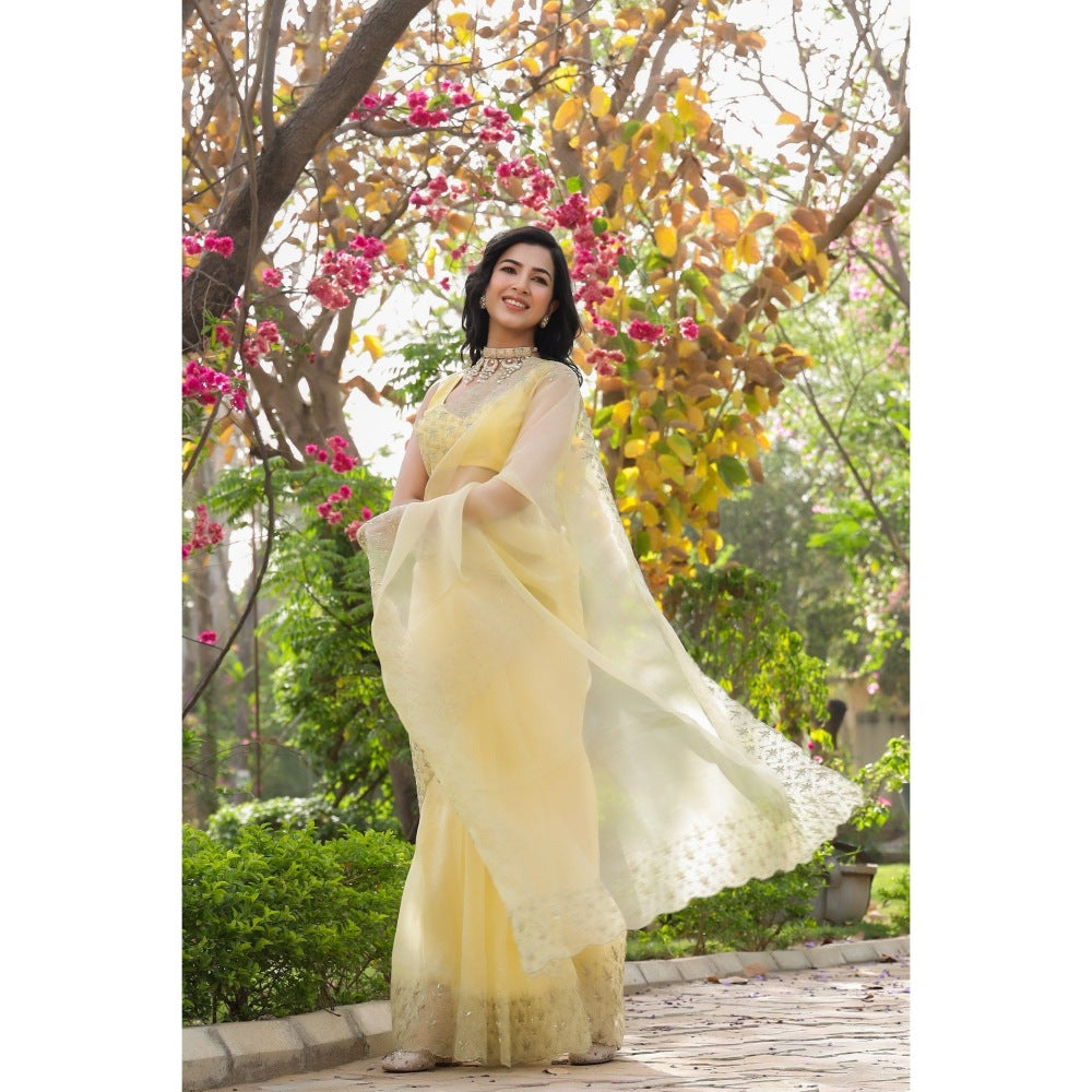 CHARU MAKKAR Yellow Saree with Unstitched Blouse