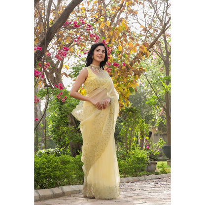 CHARU MAKKAR Yellow Saree with Unstitched Blouse