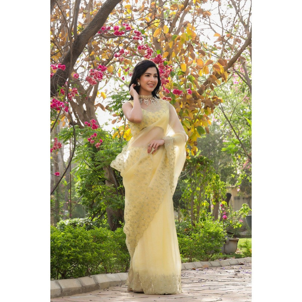 CHARU MAKKAR Yellow Saree with Unstitched Blouse