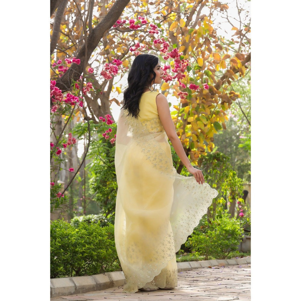 CHARU MAKKAR Yellow Saree with Unstitched Blouse