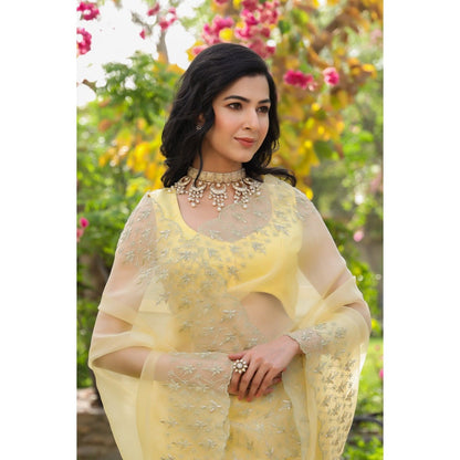 CHARU MAKKAR Yellow Saree with Unstitched Blouse