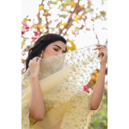 CHARU MAKKAR Yellow Saree with Unstitched Blouse