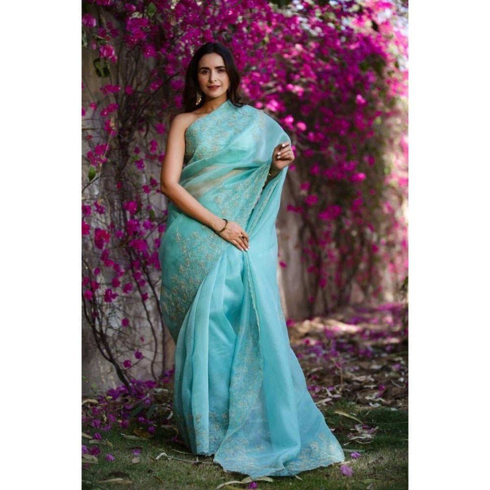 CHARU MAKKAR Turquoise Blue Saree with Unstitched Blouse