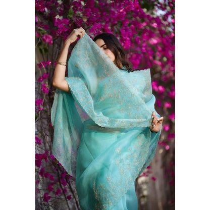 CHARU MAKKAR Turquoise Blue Saree with Unstitched Blouse