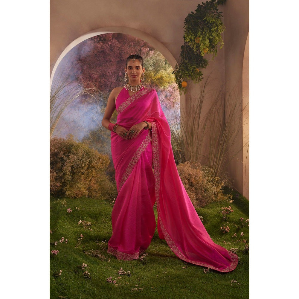 CHARU MAKKAR Hot Pink Saree with Unstitched Blouse