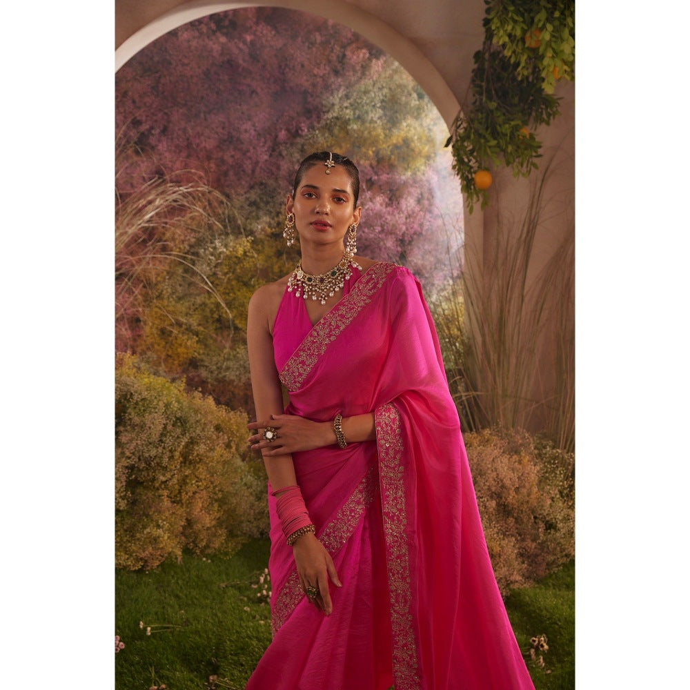 CHARU MAKKAR Hot Pink Saree with Unstitched Blouse