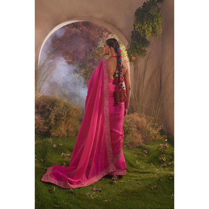 CHARU MAKKAR Hot Pink Saree with Unstitched Blouse