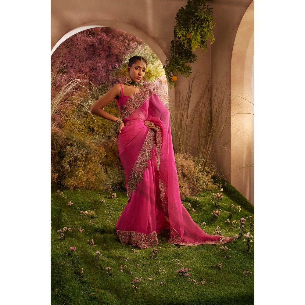 CHARU MAKKAR Hot Pink Saree with Unstitched Blouse