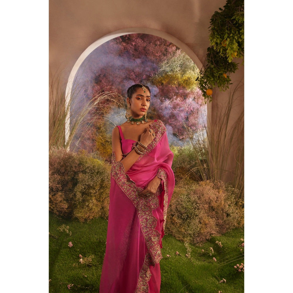 CHARU MAKKAR Hot Pink Saree with Unstitched Blouse