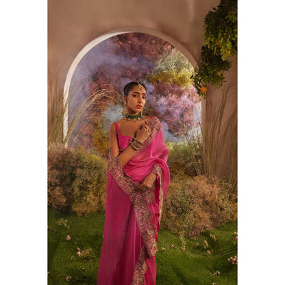 CHARU MAKKAR Hot Pink Saree with Unstitched Blouse