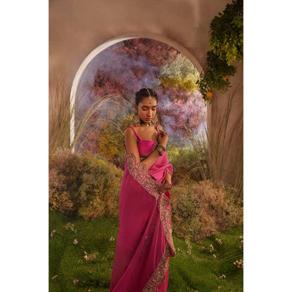 CHARU MAKKAR Hot Pink Saree with Unstitched Blouse