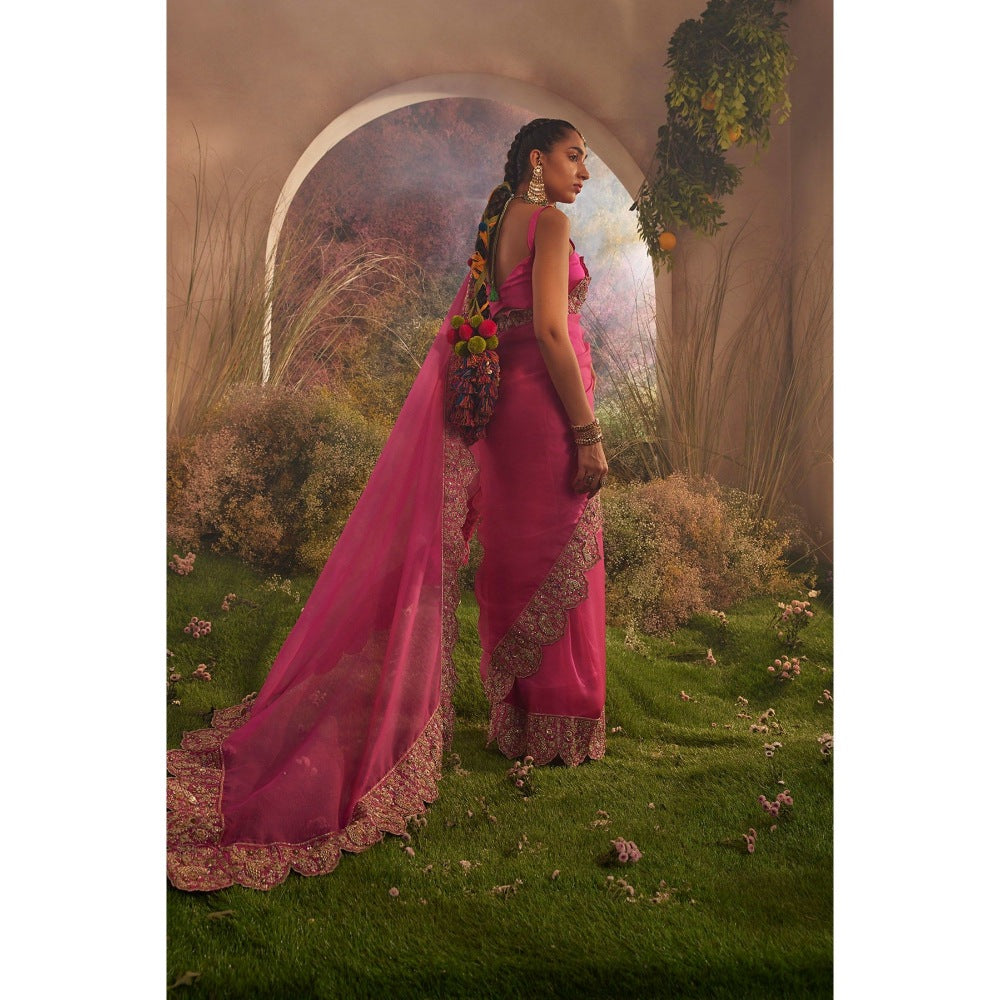 CHARU MAKKAR Hot Pink Saree with Unstitched Blouse