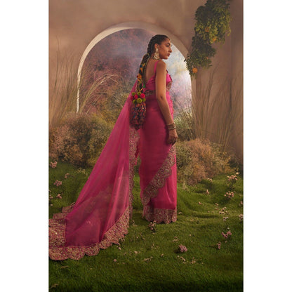 CHARU MAKKAR Hot Pink Saree with Unstitched Blouse