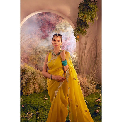 CHARU MAKKAR Mustard Saree with Unstitched Blouse