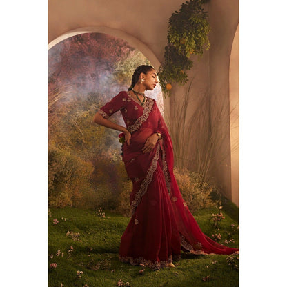 CHARU MAKKAR Maroon Saree with Unstitched Blouse