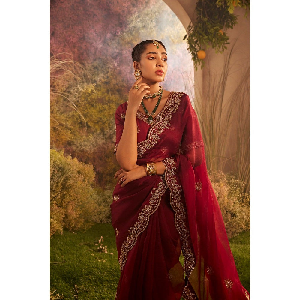 CHARU MAKKAR Maroon Saree with Unstitched Blouse