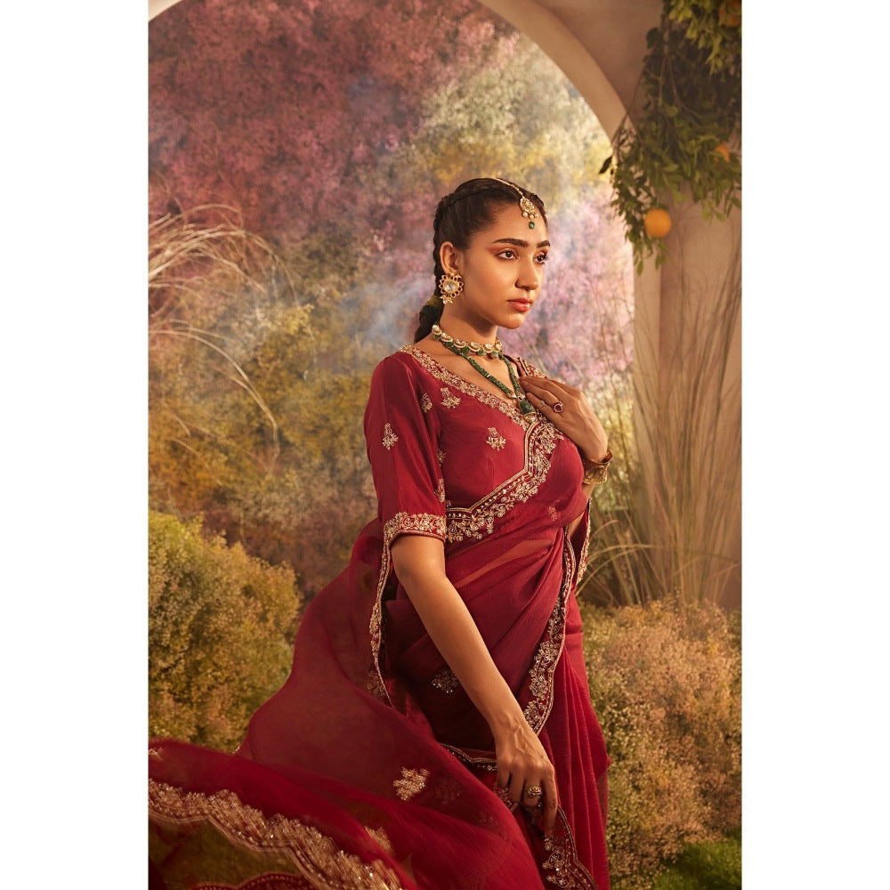 CHARU MAKKAR Maroon Saree with Unstitched Blouse