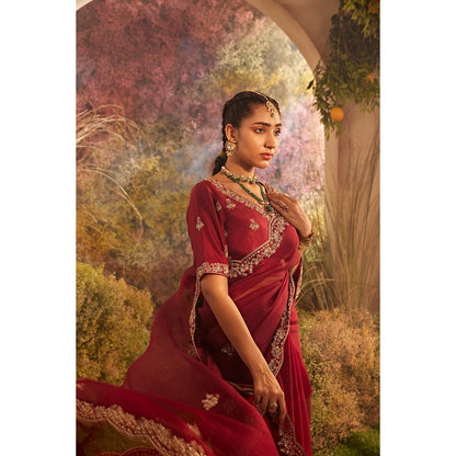 CHARU MAKKAR Maroon Saree with Unstitched Blouse