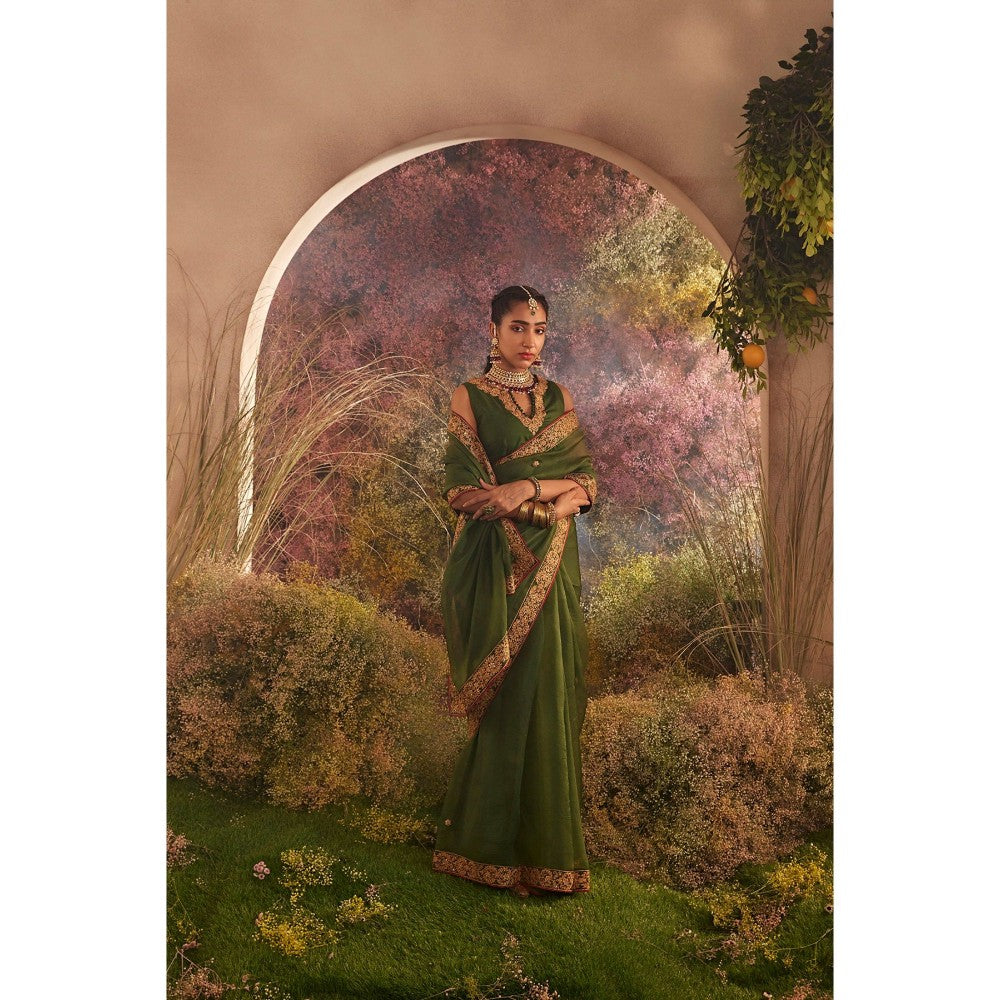 CHARU MAKKAR Green Saree with Unstitched Blouse