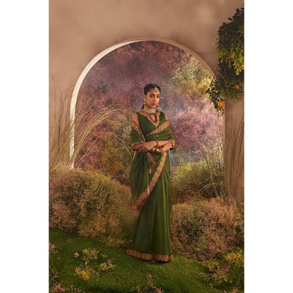 CHARU MAKKAR Green Saree with Unstitched Blouse