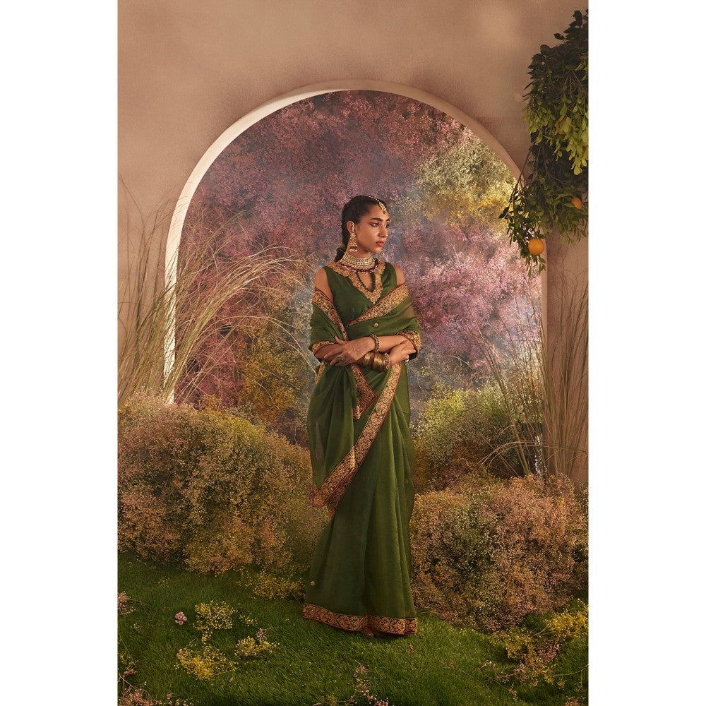 CHARU MAKKAR Green Saree with Unstitched Blouse