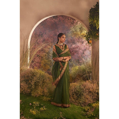 CHARU MAKKAR Green Saree with Unstitched Blouse