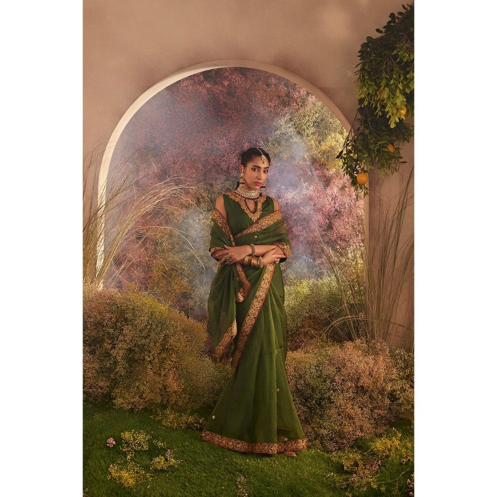 CHARU MAKKAR Green Saree with Unstitched Blouse