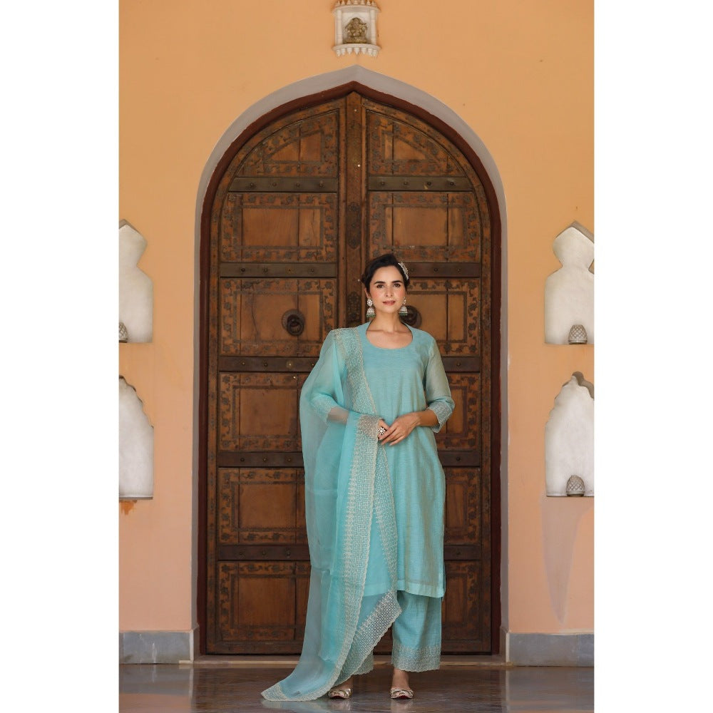 CHARU MAKKAR Blue Green Kurta with Palazzo & Dupatta (Set of 3)