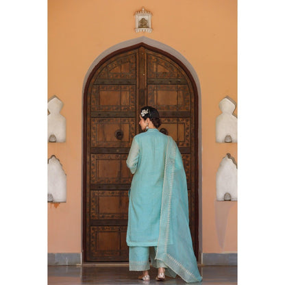 CHARU MAKKAR Blue Green Kurta with Palazzo & Dupatta (Set of 3)