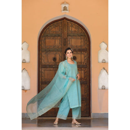CHARU MAKKAR Blue Green Kurta with Palazzo & Dupatta (Set of 3)