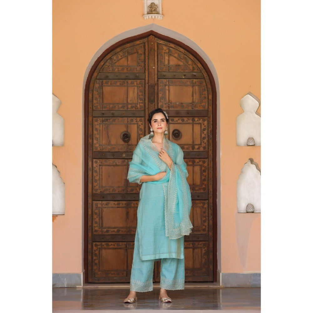 CHARU MAKKAR Blue Green Kurta with Palazzo & Dupatta (Set of 3)