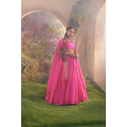 CHARU MAKKAR Hot Pink Cape with Blouse & Skirt (Set of 3)