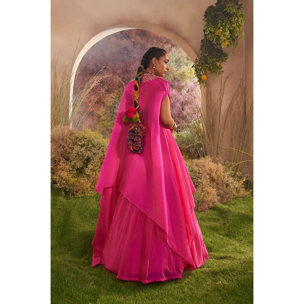 CHARU MAKKAR Hot Pink Cape with Blouse & Skirt (Set of 3)