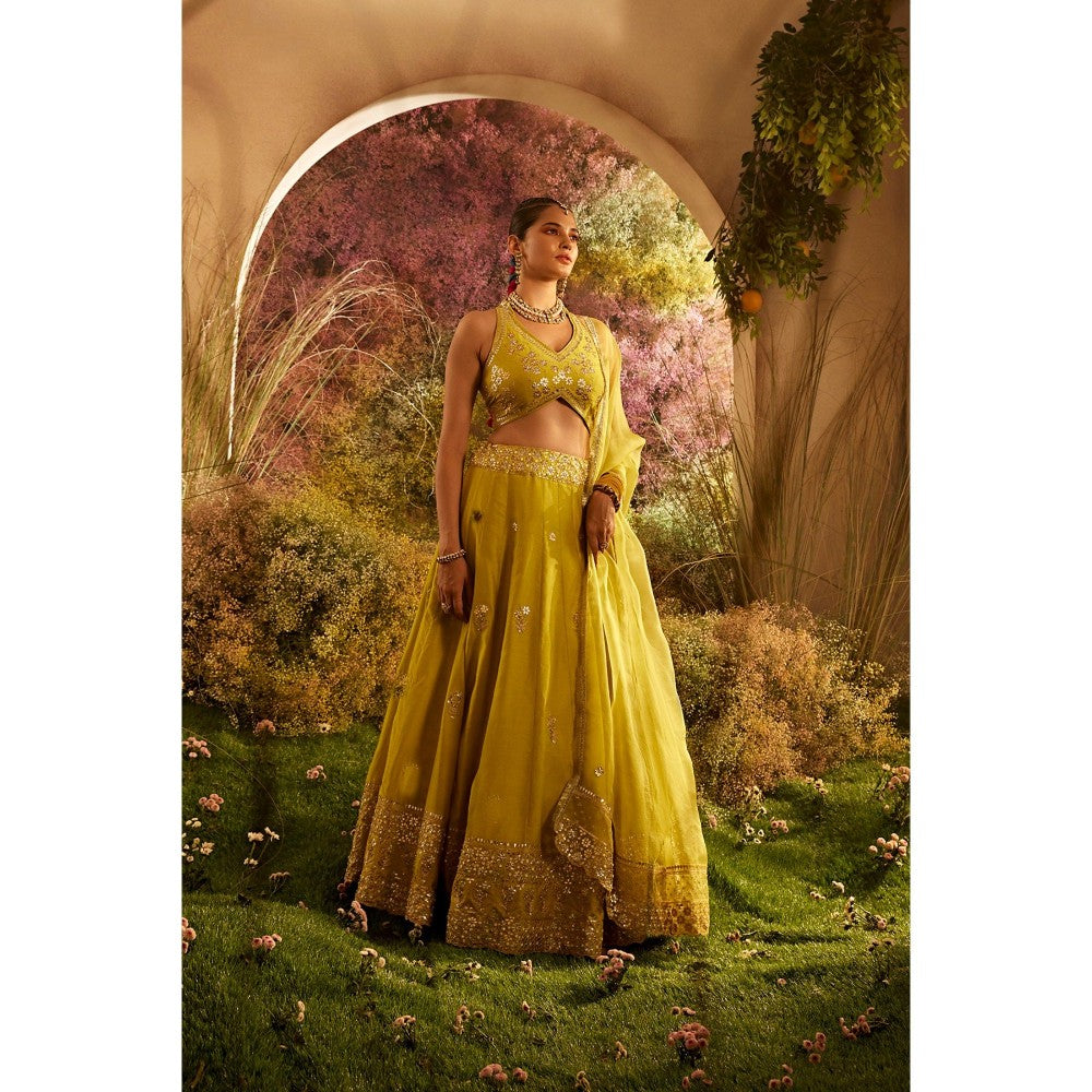 CHARU MAKKAR Mustard Blouse with Lehenga & Dupatta (Set of 3)