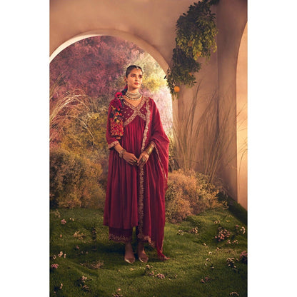 CHARU MAKKAR Maroon Anarkali Kurta with Palazzo & Dupatta (Set of 3)