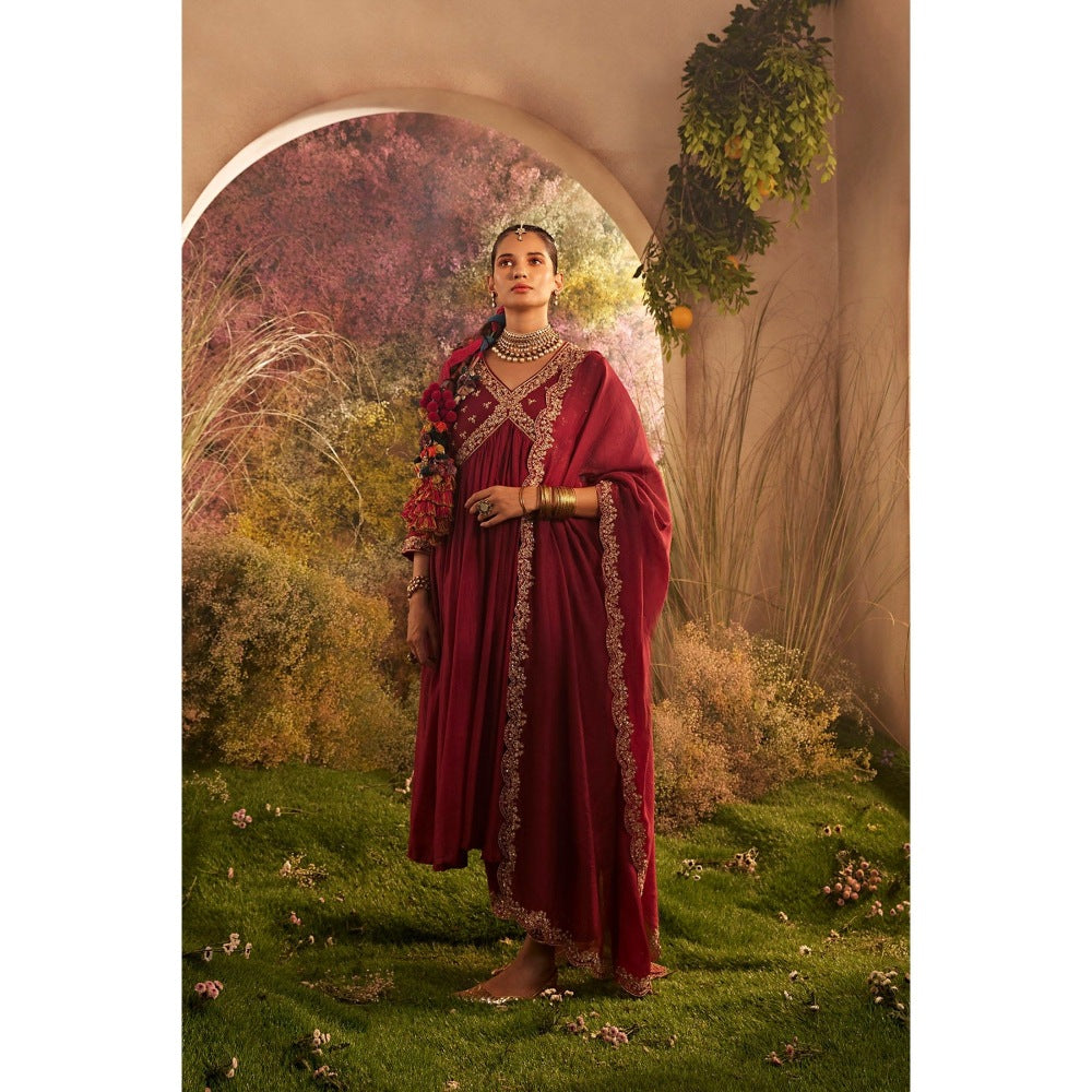 CHARU MAKKAR Maroon Anarkali Kurta with Palazzo & Dupatta (Set of 3)