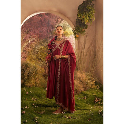 CHARU MAKKAR Maroon Anarkali Kurta with Palazzo & Dupatta (Set of 3)