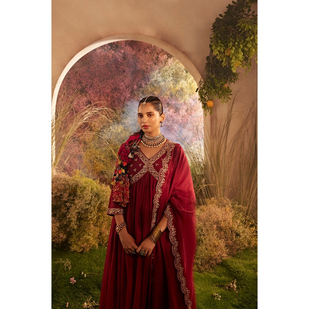 CHARU MAKKAR Maroon Anarkali Kurta with Palazzo & Dupatta (Set of 3)