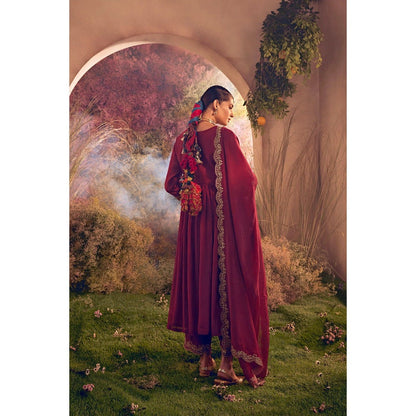 CHARU MAKKAR Maroon Anarkali Kurta with Palazzo & Dupatta (Set of 3)