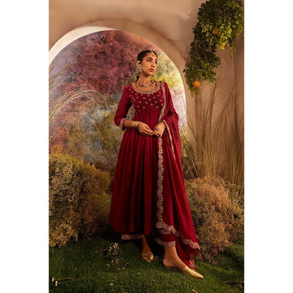CHARU MAKKAR Maroon Anarkali Kurta & Palazzo (Set of 2)