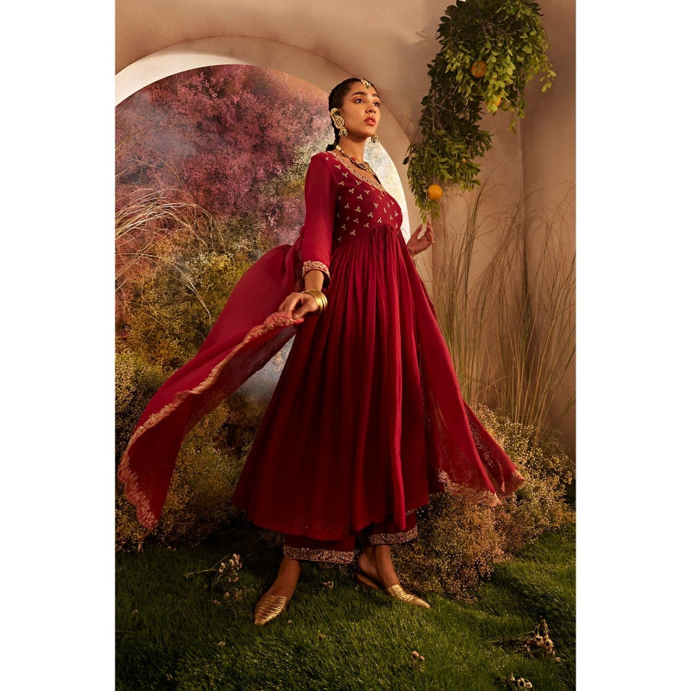 CHARU MAKKAR Maroon Anarkali Kurta & Palazzo (Set of 2)