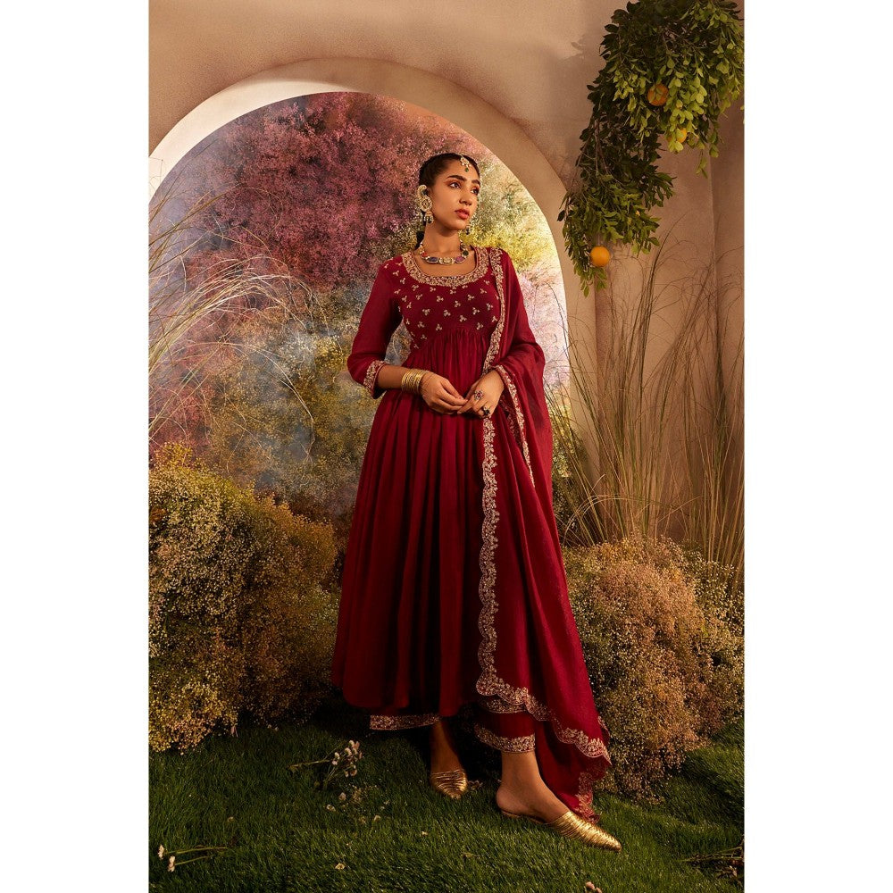 CHARU MAKKAR Maroon Anarkali Kurta with Palazzo & Dupatta (Set of 3)