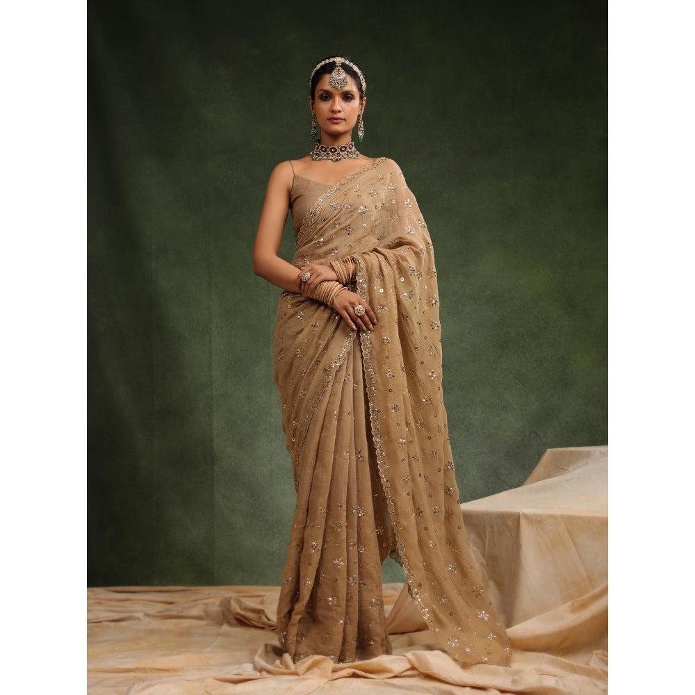 CHARU MAKKAR Beige Nutmeg Embellished Saree with Unstitched Blouse